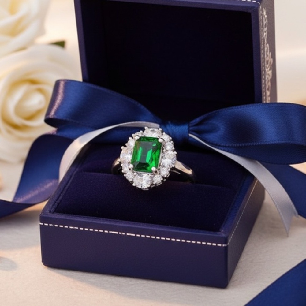 Womens Emerald Cut Zirconia Silver Tone Cocktail Ring‎ Size 8